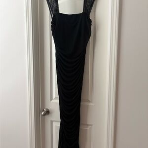 SHEIN Black Ruched Maxi Dress with Sheer Straps